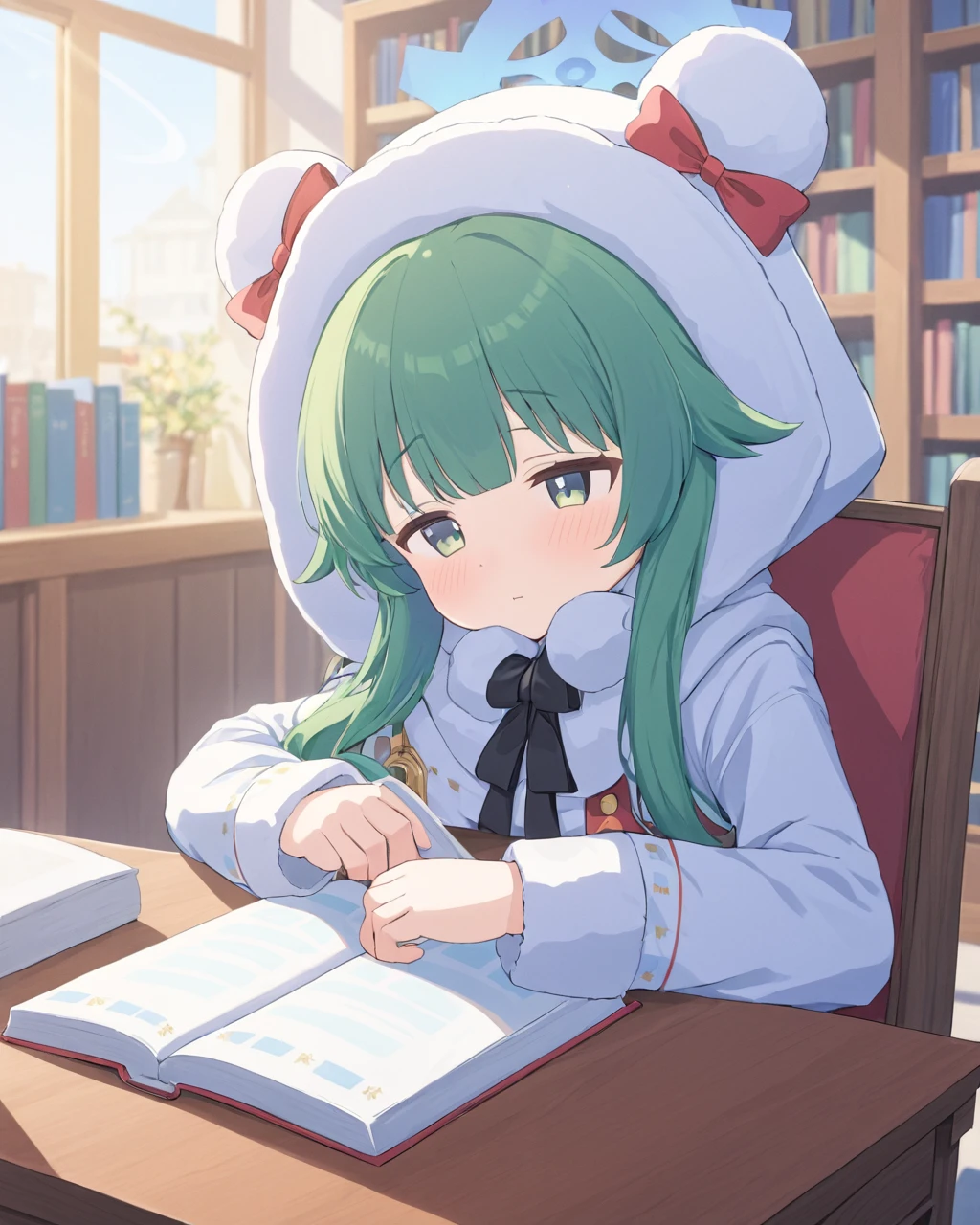 momiji \(blue archive\),1girl, solo, table, blurry_background, blush, parted_lips, long_sleeves, red_bow, sleeping, chair, mug, sleeves_past_wrists, indoors, depth_of_field, sunlight, bookshelf, jacket, open_book, window, animal_hood, hat_bow, on_chair, upper_body, hood_up
<lora:momiji_(blue_archive)_image185_2023-12-01:1>halo. gorgeous,key visual, vibrant, studio anime,award-winning, professional, highly detailed,high budget, cinemascope