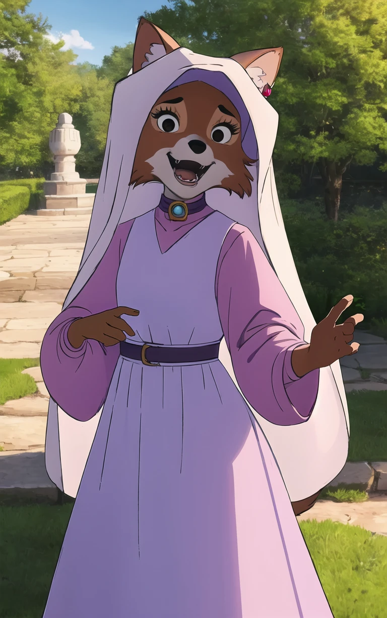 CARTOON_MaidMarian_ownwaifu,
1girl, furry, furry female, animal ears, black eyes, body fur, snout, two-tone fur, orange fur, animal nose, fangs, tail,
dress, long sleeves, purple dress, veil, choker, jewelry, brooch, hood up, long dress, belt, gem, puffy sleeves,
<lora:CARTOON_MaidMarian_ownwaifu:0.8>
((masterpiece)),((best quality)),(highres, absurdres), original, official_art, looking at viewer, solo, focused, outdoors, day, cowboy shot,