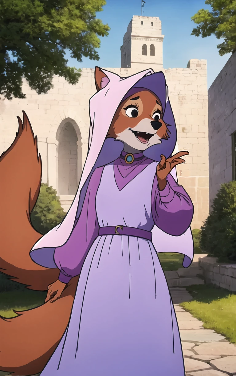 CARTOON_MaidMarian_ownwaifu,
1girl, furry, furry female, animal ears, black eyes, body fur, snout, two-tone fur, orange fur, animal nose, fangs, tail,
dress, long sleeves, purple dress, veil, choker, jewelry, brooch, hood up, long dress, belt, gem, puffy sleeves,
<lora:CARTOON_MaidMarian_ownwaifu:0.9>
((masterpiece)),((best quality)),(highres, absurdres), original, official_art, looking at viewer, solo, focused, outdoors, day, cowboy shot,