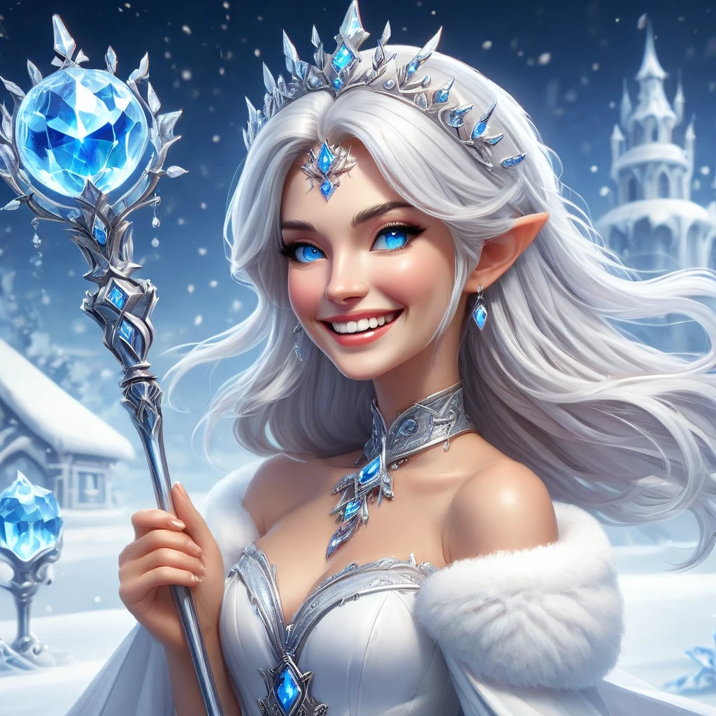 a detailed and realistic image of a cute queen, silver white hair, cryustal tiara, crystal blue eyes, happy laughing smile, wielding ice orbstaff, snow in background, HD, masterpiece, best quality, hyper detailed, ultra detailed, realistic