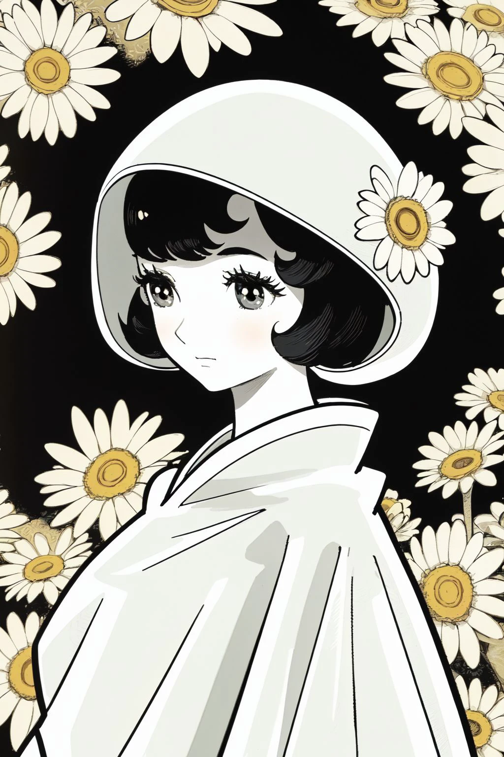 upper body, solo, 1girl, looking to the side, grey poncho, dim light, Daisy_Mums \(flower\), floral background <lora:Osamu_Tezuka_style_v01:1>