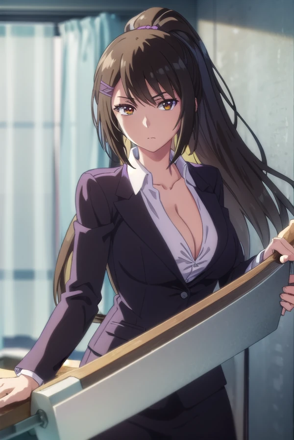 saechabashira, <lora:sae chabashira s2-lora-nochekaiser:1>,
sae chabashira, long hair, (black hair:1.5), hair ornament, (brown eyes:1.3), ponytail, hairclip,
BREAK shirt, cleavage, collarbone, jacket, white shirt, formal, suit,
BREAK indoors, classroom,
BREAK looking at viewer, (cowboy shot:1.5),
BREAK <lyco:GoodHands-beta2:1>, (masterpiece:1.2), best quality, high resolution, unity 8k wallpaper, (illustration:0.8), (beautiful detailed eyes:1.6), extremely detailed face, perfect lighting, extremely detailed CG, (perfect hands, perfect anatomy),