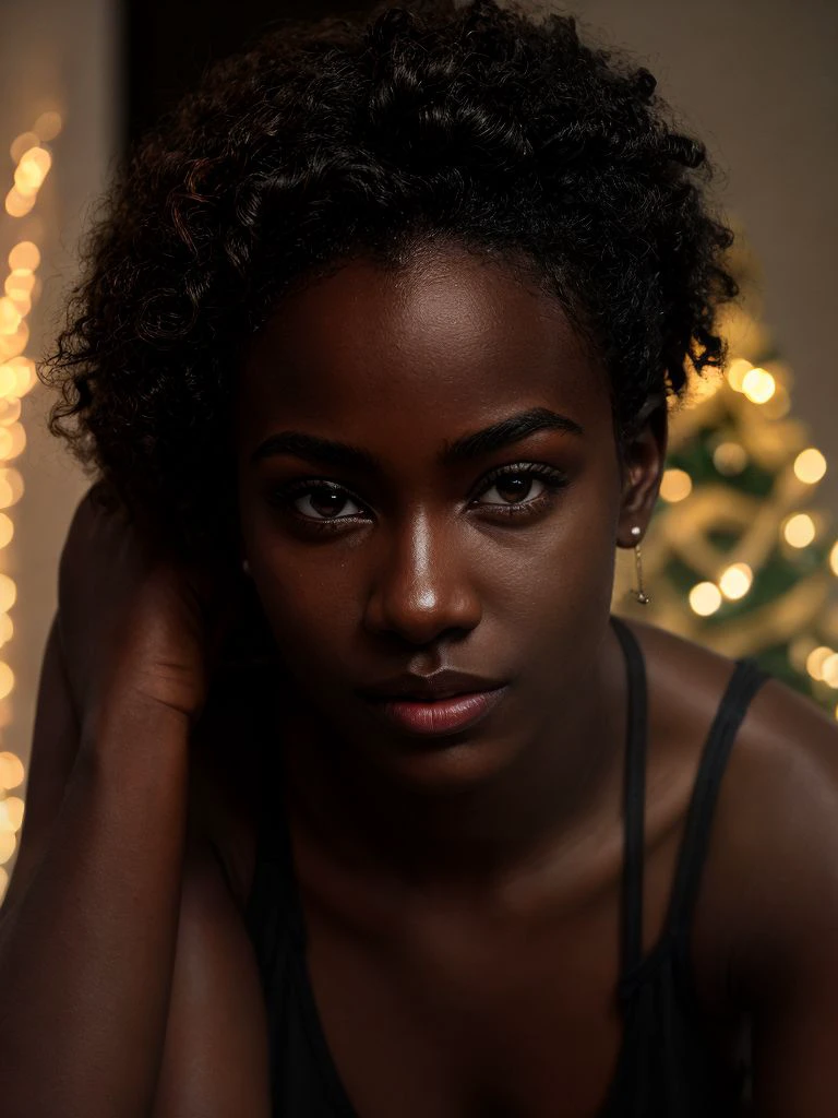 Photorealistic, cinematic,_masterpiece, girl(black skin) christmas tree.
