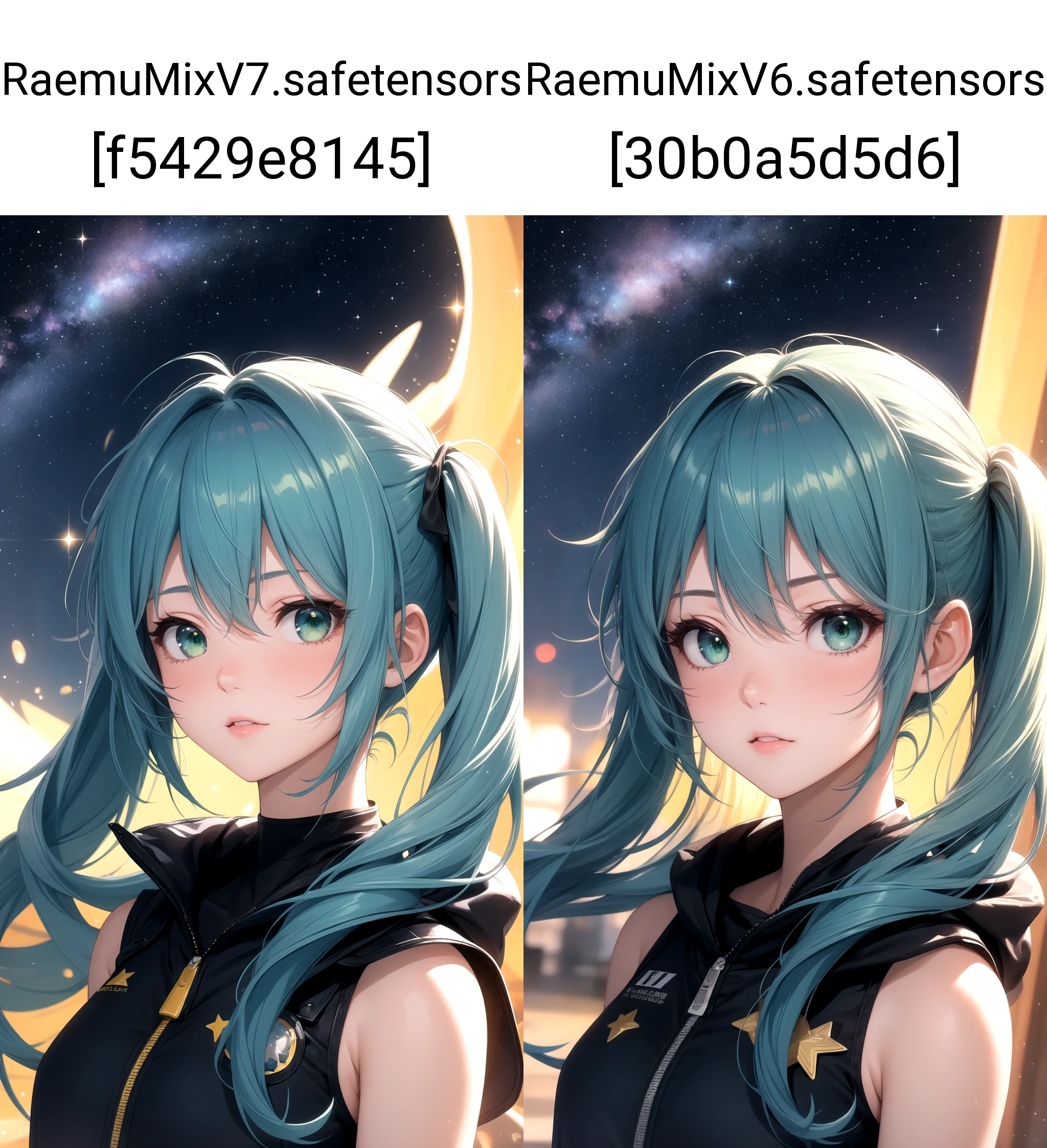 (masterpiece, best quality), 1girl, blue hair, green eyes, twintails, cosmic, starry sky, night, scenery, light particle, messy hair,