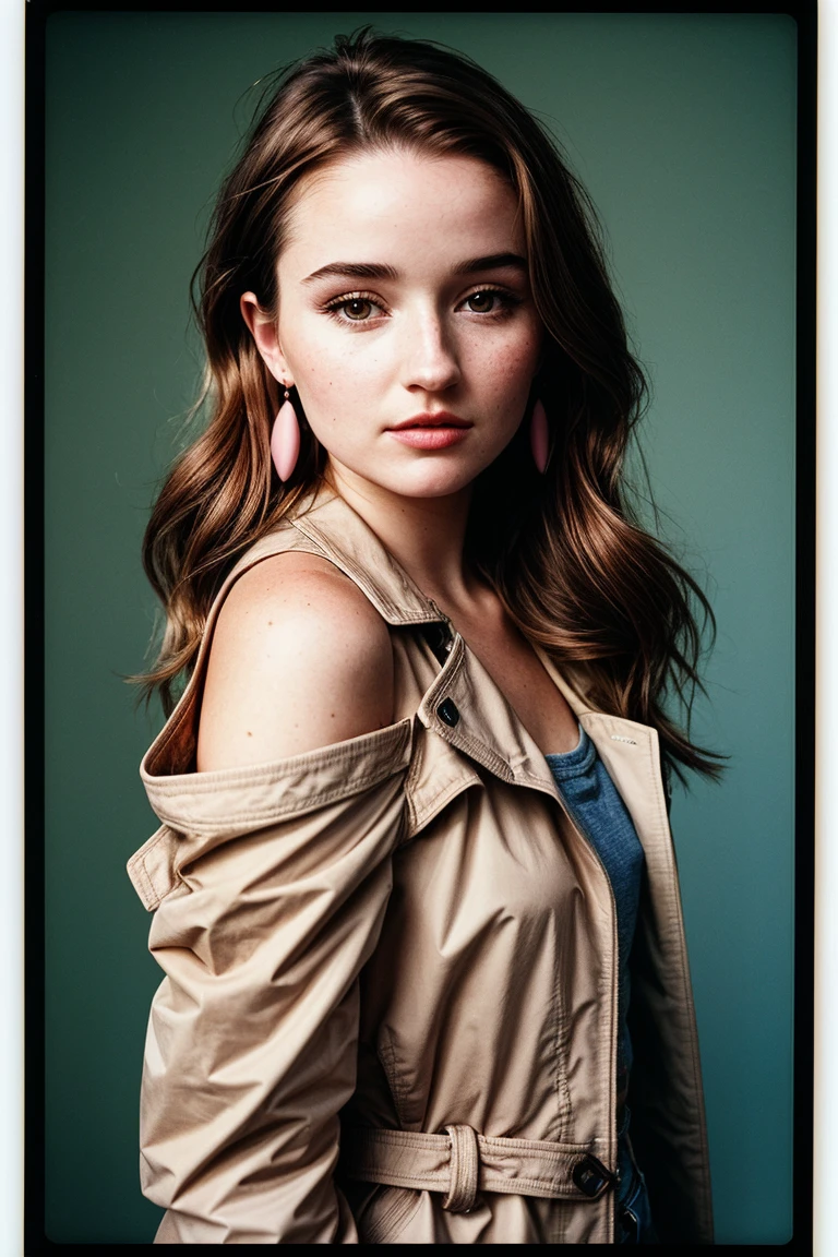 photo of (kd3v3r-135:0.99), closeup portrait, perfect hair, posing, (modern photo, one-shoulder Nude Pink trench coat), (polaroid frame), 24mm, (analog, film, film grain:1.3), (plain Dirt Brown background, gradient), ((detailed eyes)), (seductive pose), (epicPhoto), earrings