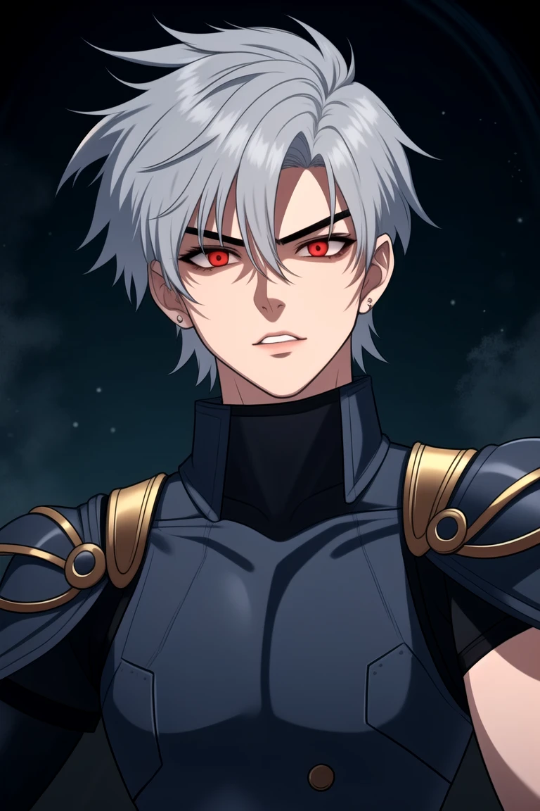 (fantasy-style), villain, evil, epic, red eyes, 1boy, male focus, solo, armor, glowing, shoulder armor, looking at viewer, glowing eyes, pauldrons, bangs, upper body, gauntlets, cape, parted bangs, earrings, short hair, jewelry, black background, hair between eyes, grey hair, blue cape, reaching towards viewer, gloves, parted lips, blood