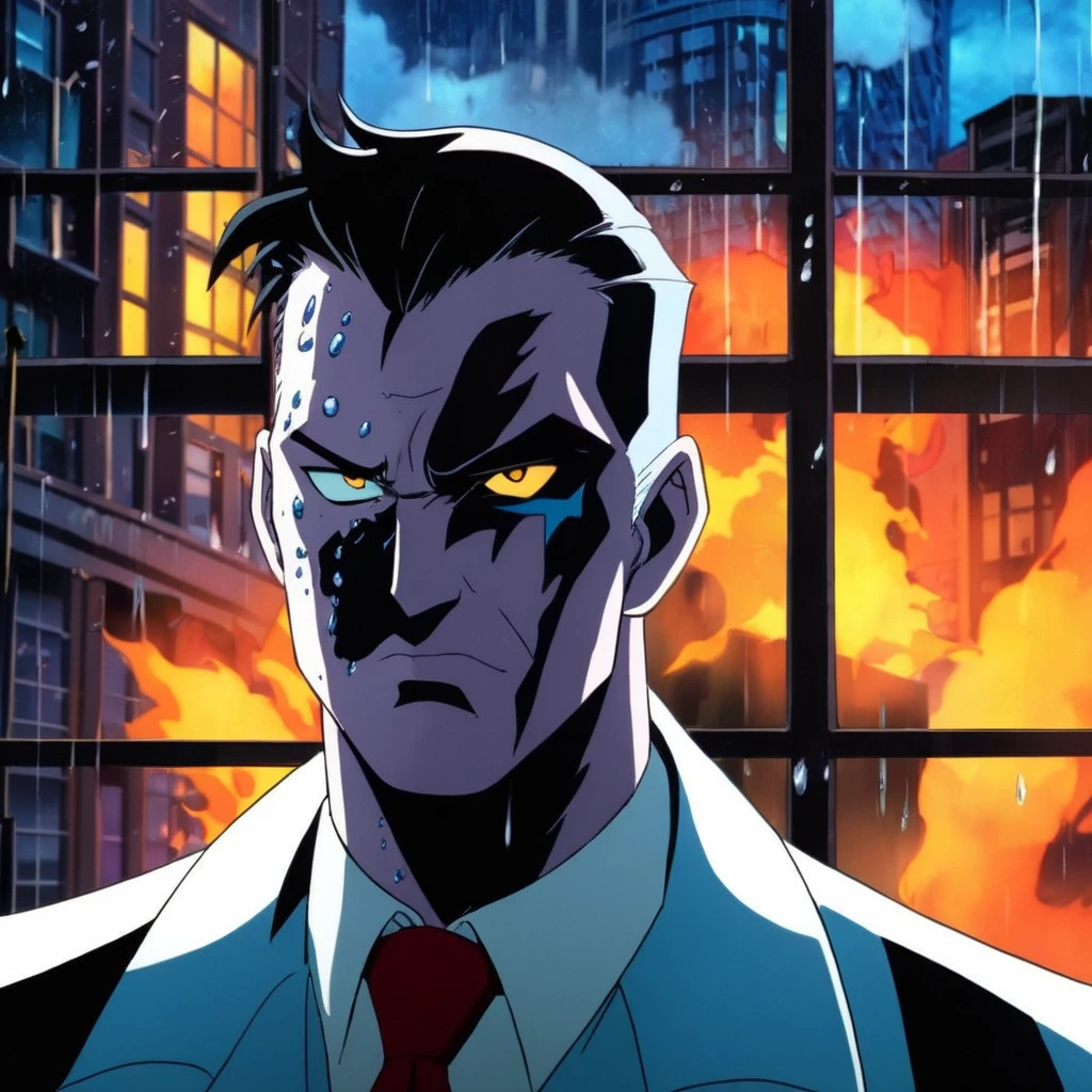 anime artwork of <lora:Two-Face:1.2>
Two-Face a closeup on a man with a burned one side of face in rain and thunder in background window in Gotham city universe, anime style, key visual, vibrant, studio anime, highly detailed