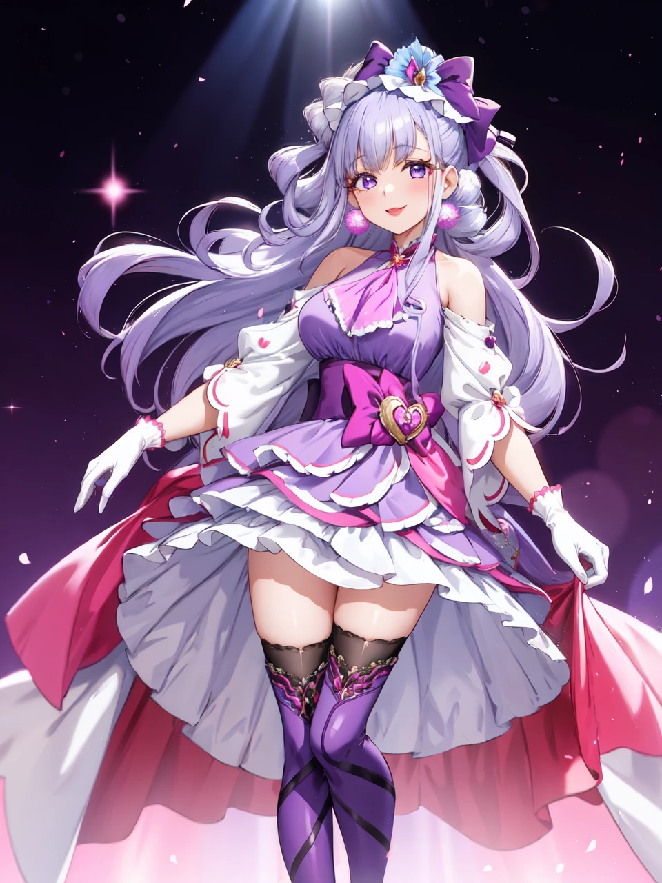 masterpiece, best quality, looking at viewer, depth of field, standing, full body, 
1girl, <lora:locon_cure_amour_01:0.9>, cure amour, purple dress, white gloves, ascot, wide sleeves, detached sleeves, layered dress, knee boots, purple thighhighs, ribbon-trimmed, pom pom earrings, headdress, lipstick, 
smile, (gradient background), lens flare,