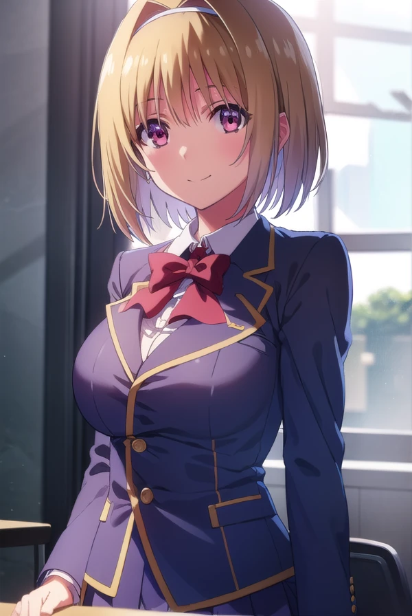 kikyoukushida, <lora:kikyou kushida s2-lora-nochekaiser:1>,
kikyou kushida, short hair, blonde hair, (red eyes:1.3), hairband, hair intakes, smile,
BREAK shirt, long sleeves, bow, school uniform, jacket, white shirt, bowtie, blue bow, blazer, (red blazer:1.5),
BREAK indoors, classroom,
BREAK looking at viewer, (cowboy shot:1.5),
BREAK <lyco:GoodHands-beta2:1>, (masterpiece:1.2), best quality, high resolution, unity 8k wallpaper, (illustration:0.8), (beautiful detailed eyes:1.6), extremely detailed face, perfect lighting, extremely detailed CG, (perfect hands, perfect anatomy),
