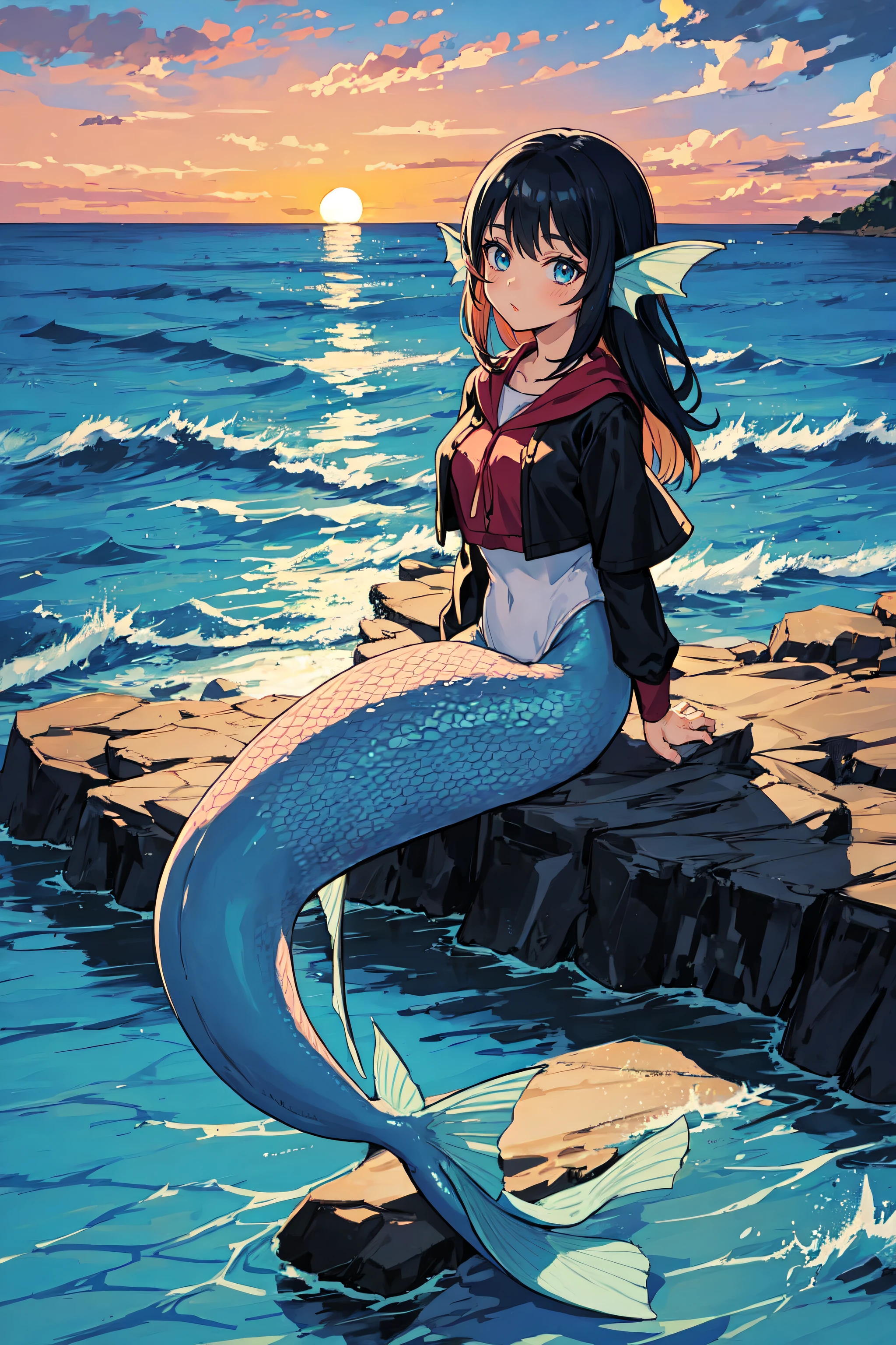 1girl, mermaid, full body, cute, ocean, sitting on rock, sunset, head fins, <lora:AIOMonstergirlsV4Lora:1>