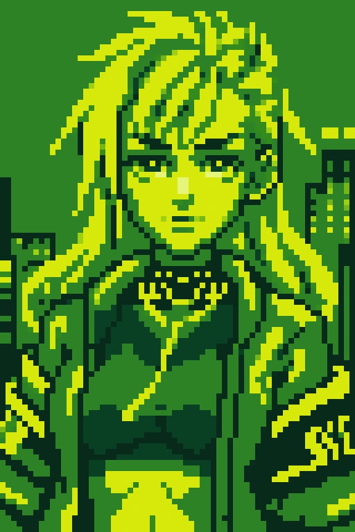 <lora:Gameboy Palette Style:0.5> green theme, limited color, gb_palette, masterpiece, best quality, 1girl, cyberpunk, wearing cyberpunk open jacket, upperbody