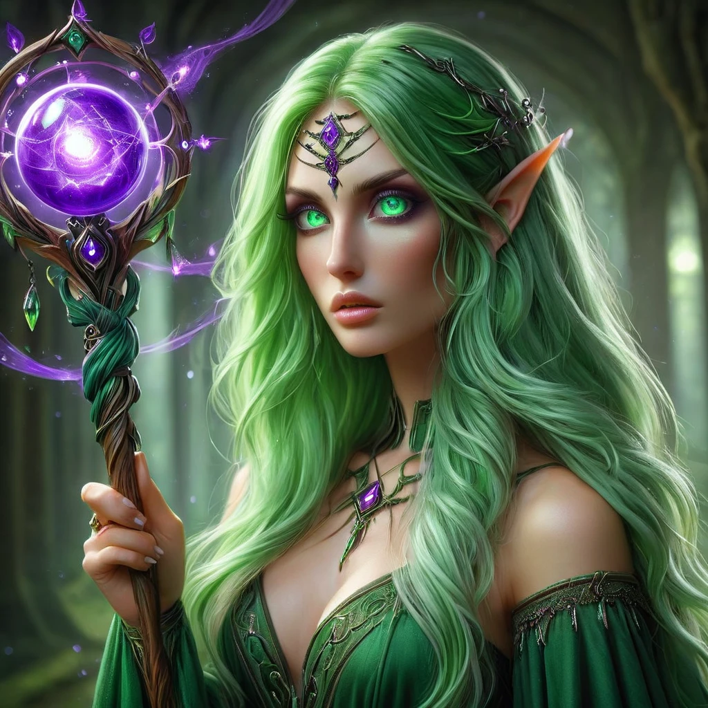 a detailed and realistic image of a beautiful woman, green long hair, beautiful eyes, wielding a purple orbstaff, HD, masterpiece, best quality, hyper detailed, ultra detailed, realistic