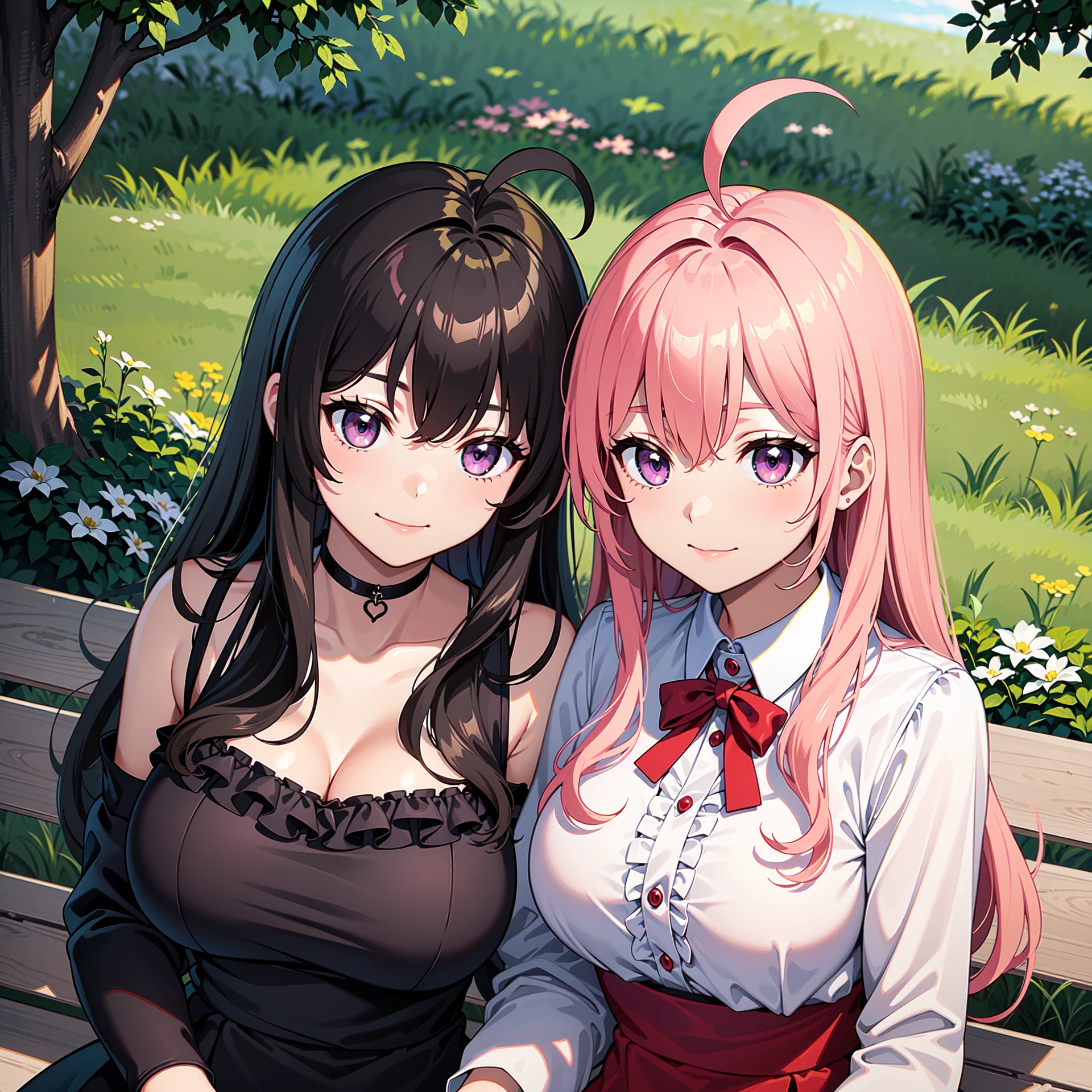 (masterpiece, best quality, hyper detailed, high detail, highest quality:1.3),absurdres, pink hair,(wavy hair), straight hair, purple eyes,<lora:GoodHands:1.2>, large breasts, smile, bench, park, from above, 2girls, black hair, ahoge, holding hands, hugging, head on another's shoulder, yuri, heart, frilly dress, (mature female:1.2), wife and wife, same age, grass, trees