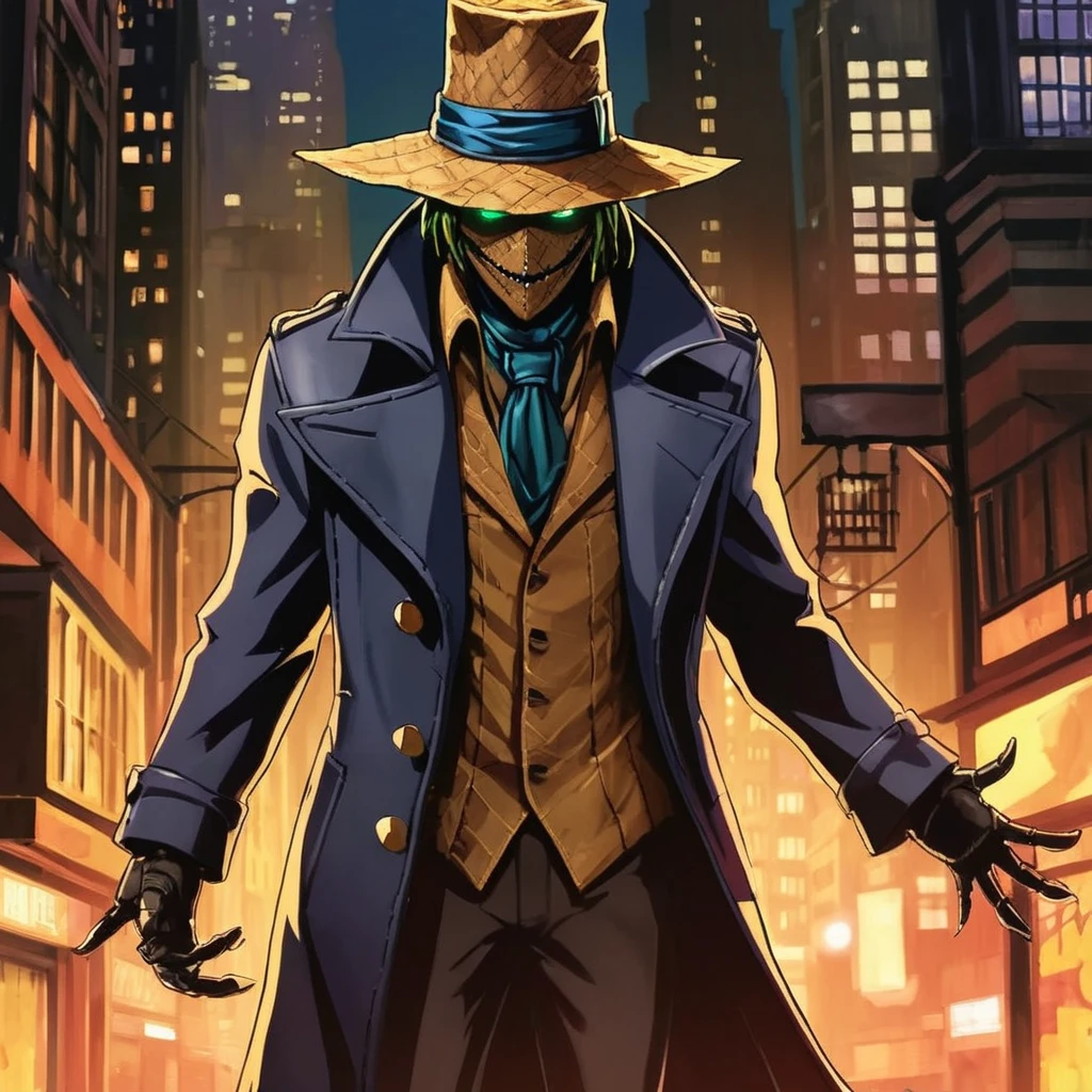 anime artwork of <lora:Scarecrow:1.2>
Scarecrow a painting of a man with a hat and a long coat in Gotham city universe, anime style, key visual, vibrant, studio anime, highly detailed