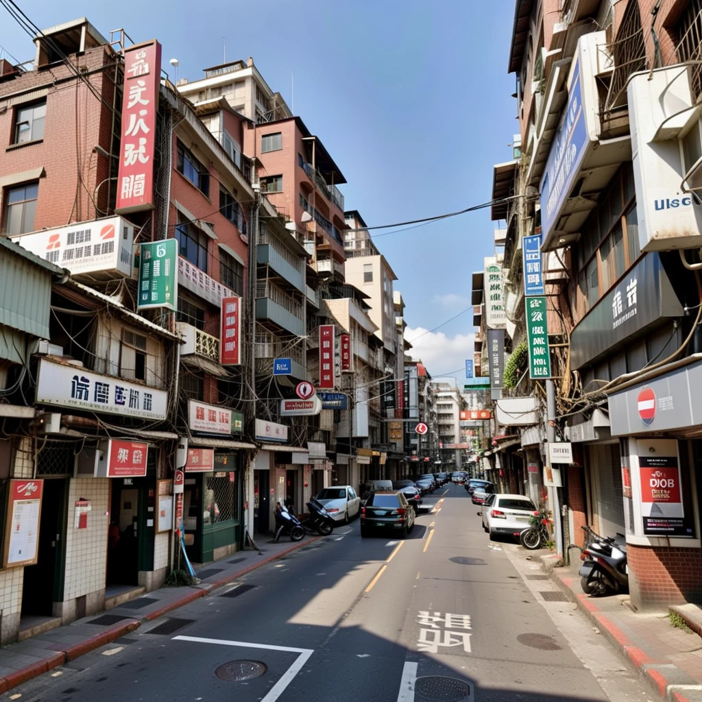 A photo-realistic, detailed close-up of a chaotic urban streetscape. The scene is characterized by a tangle of overhead wires and haphazardly placed signage, each vying for attention. The buildings are aged and worn, their facades telling stories of decades past, with peeling paint and weathered bricks. This section of the street is bustling with life, reflecting the unpolished charm of a city that has grown organically over time. The light casts deep shadows and accentuates the textures, adding a gritty realism to the image, <lora:taiwanStreet:0.65> ,<lora:crayons_v1_sdxl:0.8>
