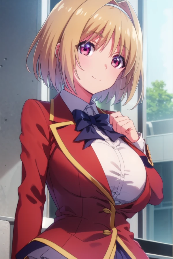 kikyoukushida, <lora:kikyou kushida s2-lora-nochekaiser:1>,
kikyou kushida, short hair, blonde hair, (red eyes:1.3), hairband, hair intakes, smile,
BREAK shirt, long sleeves, bow, school uniform, jacket, white shirt, bowtie, blue bow, blazer, (red blazer:1.5),
BREAK indoors, classroom,
BREAK looking at viewer, (cowboy shot:1.5),
BREAK <lyco:GoodHands-beta2:1>, (masterpiece:1.2), best quality, high resolution, unity 8k wallpaper, (illustration:0.8), (beautiful detailed eyes:1.6), extremely detailed face, perfect lighting, extremely detailed CG, (perfect hands, perfect anatomy),
