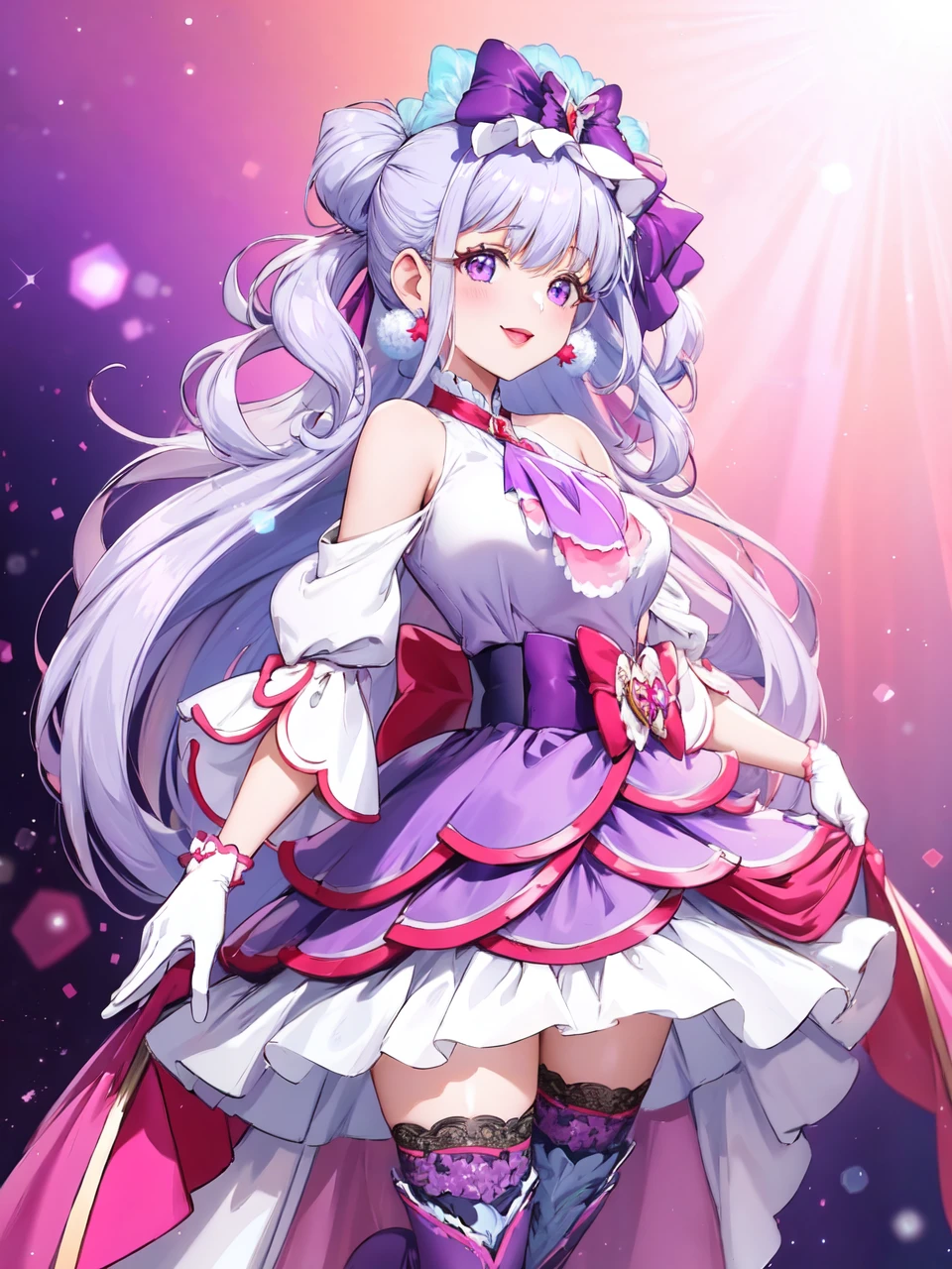 masterpiece, best quality, looking at viewer, depth of field, standing, full body, 
1girl, <lora:locon_cure_amour_01:0.9>, cure amour, purple dress, white gloves, ascot, wide sleeves, detached sleeves, layered dress, knee boots, purple thighhighs, ribbon-trimmed, pom pom earrings, headdress, lipstick, 
smile, (gradient background), lens flare,