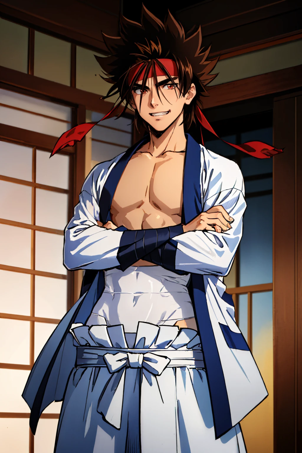 (masterpiece, best quality:1.2), solo, male focus, 1boy, sagara sanosuke, grin, looking at viewer, crossed arms, spiked hair, headband, v-shaped eyebrows, open clothes, japanese clothes, bandages, midriff sarashi <lora:rurounikenshin_sagara-17:1>