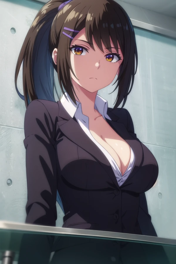 saechabashira, <lora:sae chabashira s2-lora-nochekaiser:1>,
sae chabashira, long hair, (black hair:1.5), hair ornament, (brown eyes:1.3), ponytail, hairclip,
BREAK shirt, cleavage, collarbone, jacket, white shirt, formal, suit,
BREAK indoors, classroom,
BREAK looking at viewer, (cowboy shot:1.5),
BREAK <lyco:GoodHands-beta2:1>, (masterpiece:1.2), best quality, high resolution, unity 8k wallpaper, (illustration:0.8), (beautiful detailed eyes:1.6), extremely detailed face, perfect lighting, extremely detailed CG, (perfect hands, perfect anatomy),