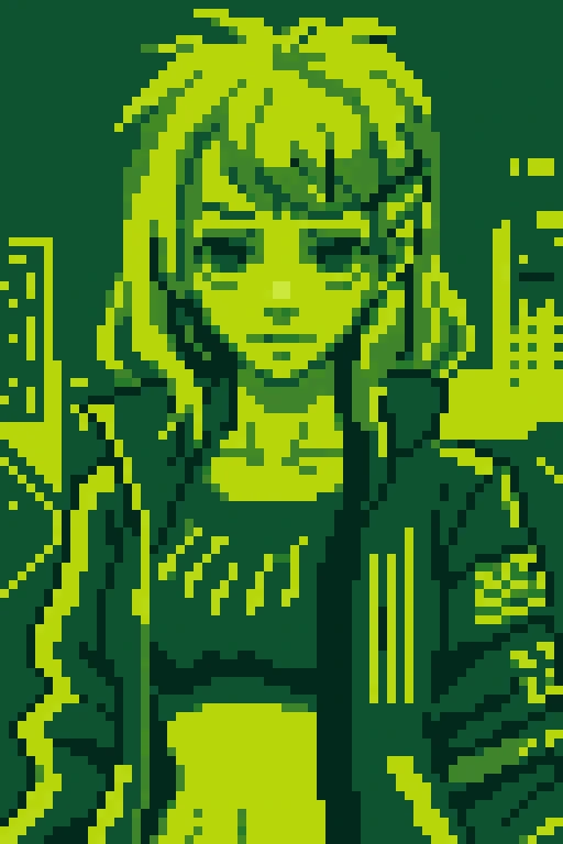 <lora:Gameboy Palette Style:0.4> green theme, limited color, gb_palette, masterpiece, best quality, 1girl, cyberpunk, wearing cyberpunk open jacket, upperbody