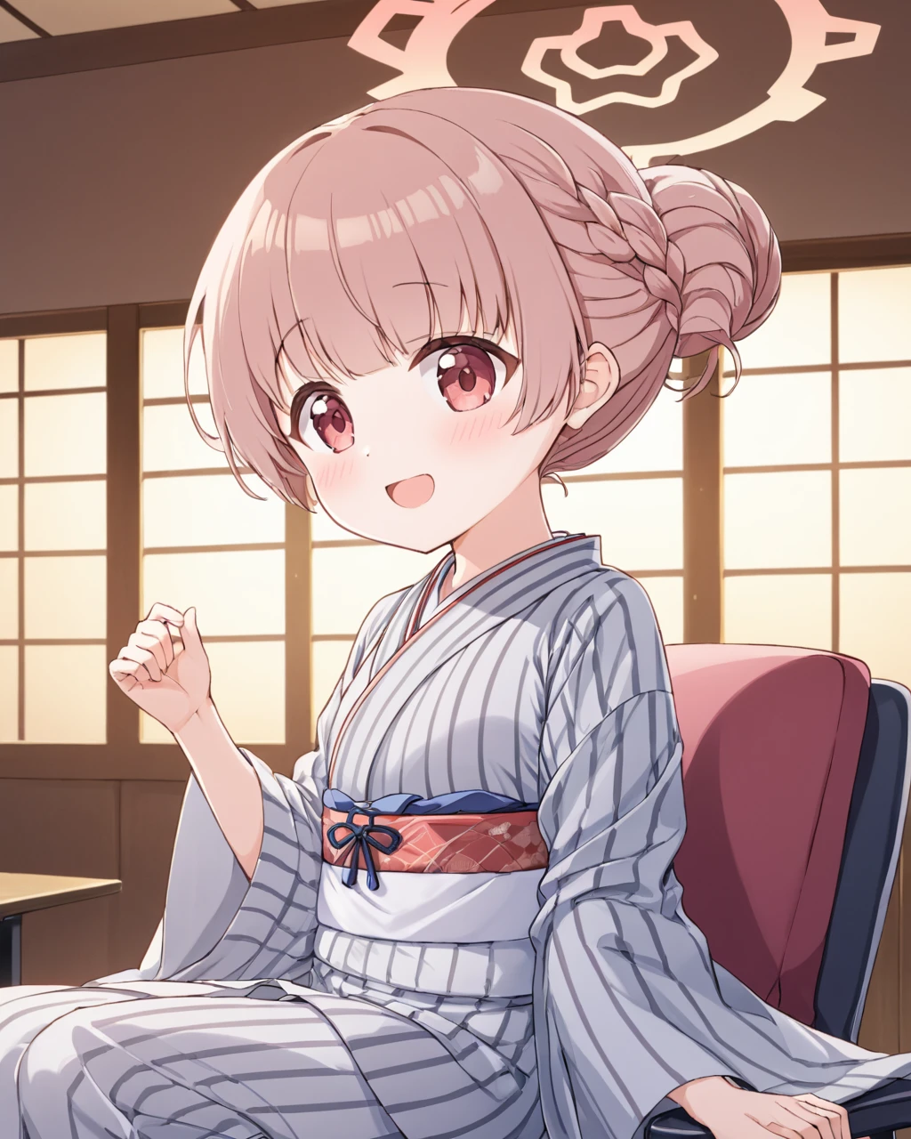 nodoka \(blue archive\),1girl, solo, halo, striped_kimono, obi, :d, looking_at_viewer, single_hair_bun, sitting, holding, braid, white_kimono, long_sleeves, wide_sleeves, indoors, open_mouth, chair, vertical_stripes, blush, depth_of_field
<lora:nodoka_(blue_archive)_image138_2023-12-01:1>halo. gorgeous,key visual, vibrant, studio anime,award-winning, professional, highly detailed,high budget, cinemascope
