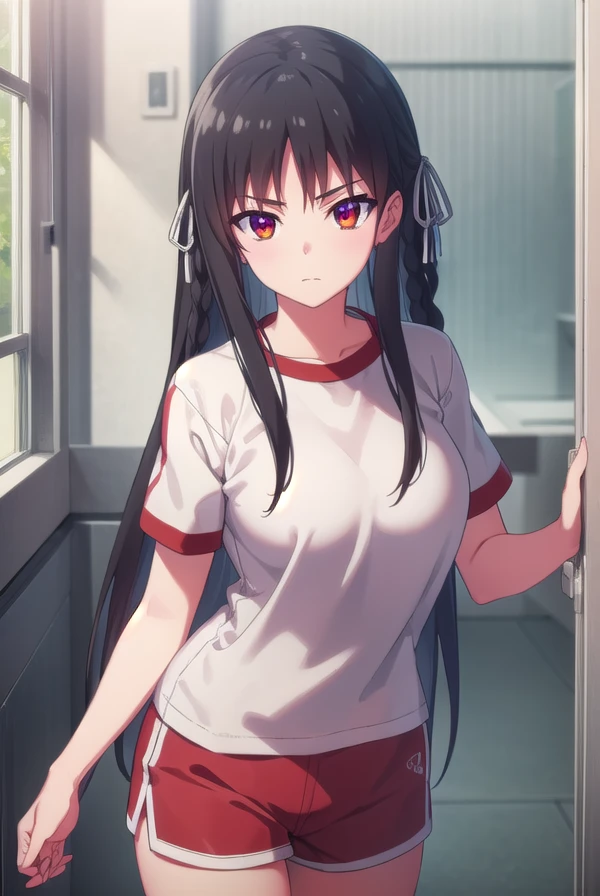 suzunehorikita, <lora:suzune horikita s2-lora-nochekaiser:1>,
suzune horikita, long hair, black hair, (red eyes:1.3), hair ribbon, braid,
BREAK shirt, white shirt, short sleeves, shorts, gym uniform, red shorts, gym shirt, gym shorts,
BREAK indoors, classroom,
BREAK looking at viewer, (cowboy shot:1.5),
BREAK <lyco:GoodHands-beta2:1>, (masterpiece:1.2), best quality, high resolution, unity 8k wallpaper, (illustration:0.8), (beautiful detailed eyes:1.6), extremely detailed face, perfect lighting, extremely detailed CG, (perfect hands, perfect anatomy),