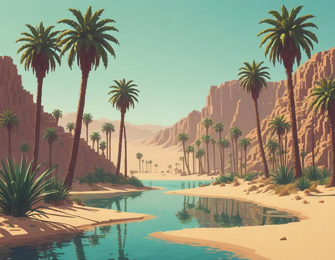 screenshot shot, At a secret oasis in a vast desert, a guardian with tattoos of water and sand protects a sacred spring. Palm trees sway gently, and the clear waters shimmer, but those with ill intentions find the oasis a deadly mirage., (Pixel Art pixelated pixel pixel  :1.3)