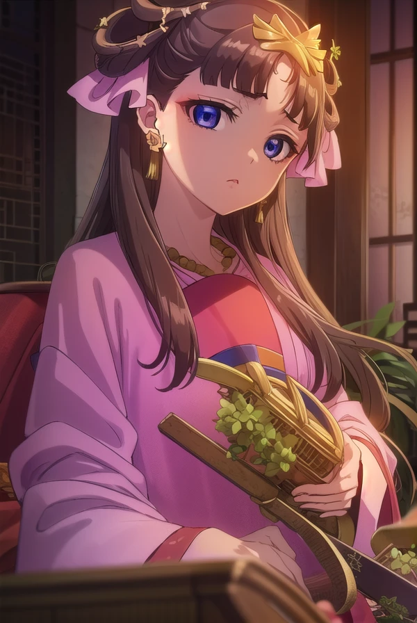 lishu, <lora:lishu s1-lora-nochekaiser:1>,
lishu, long hair, brown hair, hair ornament, (purple eyes:1.1), tiara,
BREAK jewelry, earrings, necklace, chinese clothes, hanfu,
BREAK indoors,
BREAK looking at viewer, (cowboy shot:1.5),
BREAK <lyco:GoodHands-beta2:1>, (masterpiece:1.2), best quality, high resolution, unity 8k wallpaper, (illustration:0.8), (beautiful detailed eyes:1.6), extremely detailed face, perfect lighting, extremely detailed CG, (perfect hands, perfect anatomy),