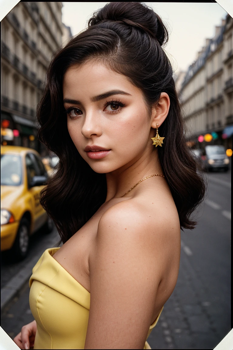 photo of (dem1rmawby:0.99), closeup portrait, perfect hair, hair upsweep updo, posing, (modern photo, one-shoulder Taxi Cab Yellow dress), (polaroid frame), 24mm, (analog, film, film grain:1.3), ((on a Paris street, night, gritty)), ((detailed eyes)), (seductive pose), (epicPhoto), jewelry
