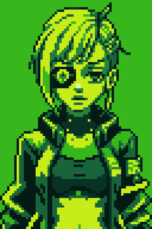 <lora:Gameboy Palette Style:0.4> green theme, limited color, gb_palette, masterpiece, best quality, 1girl, cyberpunk, wearing cyberpunk open jacket, upperbody