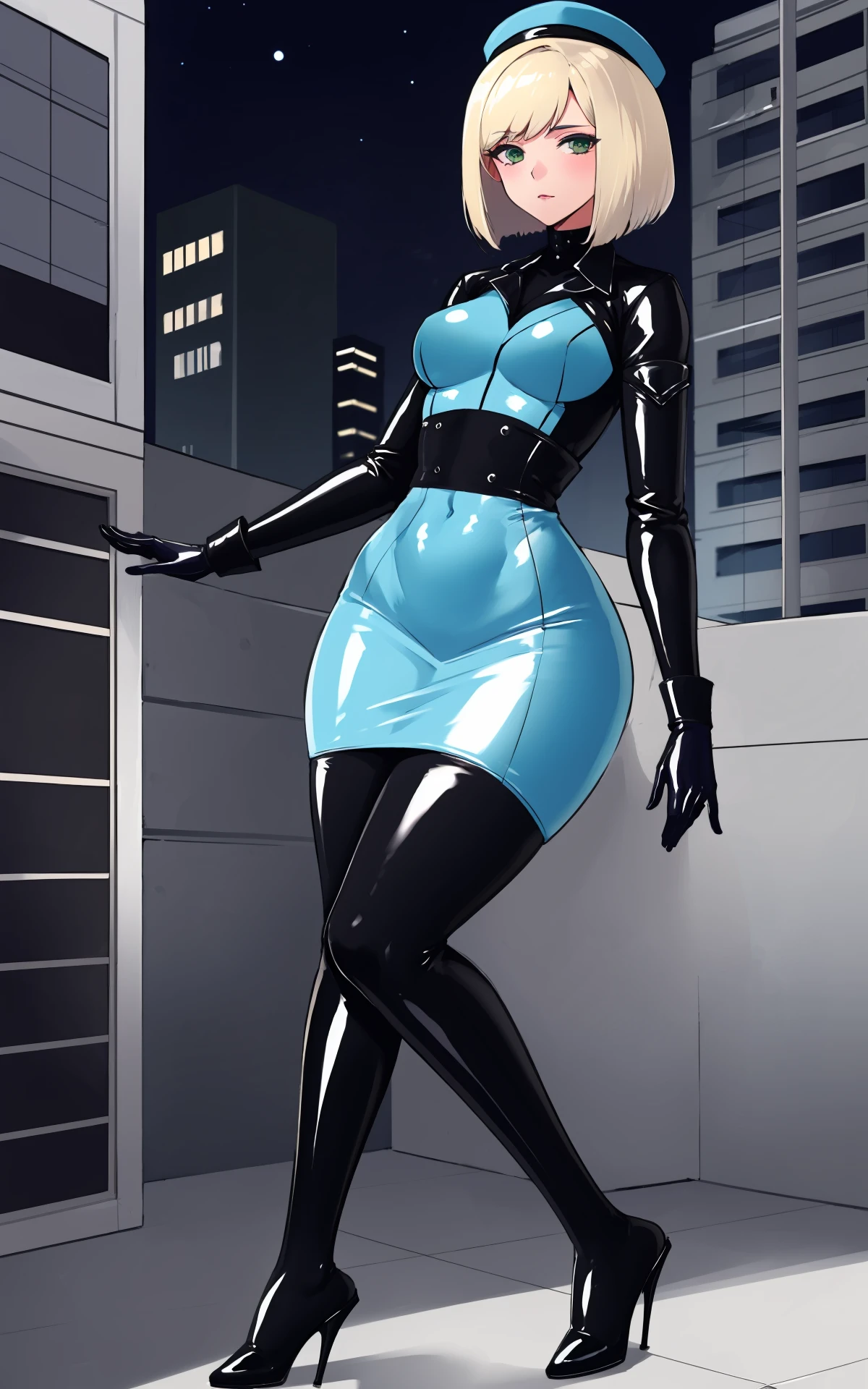 illustration, 1girl wearing latex bodysuit, mature female, 20-year-old,
blonde hair, short hair, green eyes, medium breasts, bob cut,
latex, blue latex dress, military hat, uniform, juliet sleeves, latex gloves, long sleeves,
looking at viewer, outdoors, in front of a building, city, skyscraper, (night:1.2),
shiny sissy luxury latex dress for doll,
masterpiece, best quality, ultra detailed, high quality, perfect anatomy, solo, contemporary, full body,
detailed face, detailed eyes, detailed hair, straight-on, (tesomu:1.2) <lora:tesomu-768-epoch:0.8>