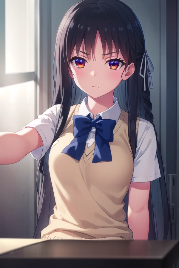 suzunehorikita, <lora:suzune horikita s2-lora-nochekaiser:1>,
suzune horikita, long hair, black hair, (red eyes:1.3), hair ribbon, braid,
BREAK bow, school uniform, short sleeves, bowtie, sweater vest, shirt, white shirt, blue bowtie,
BREAK indoors, classroom,
BREAK looking at viewer, (cowboy shot:1.5),
BREAK <lyco:GoodHands-beta2:1>, (masterpiece:1.2), best quality, high resolution, unity 8k wallpaper, (illustration:0.8), (beautiful detailed eyes:1.6), extremely detailed face, perfect lighting, extremely detailed CG, (perfect hands, perfect anatomy),