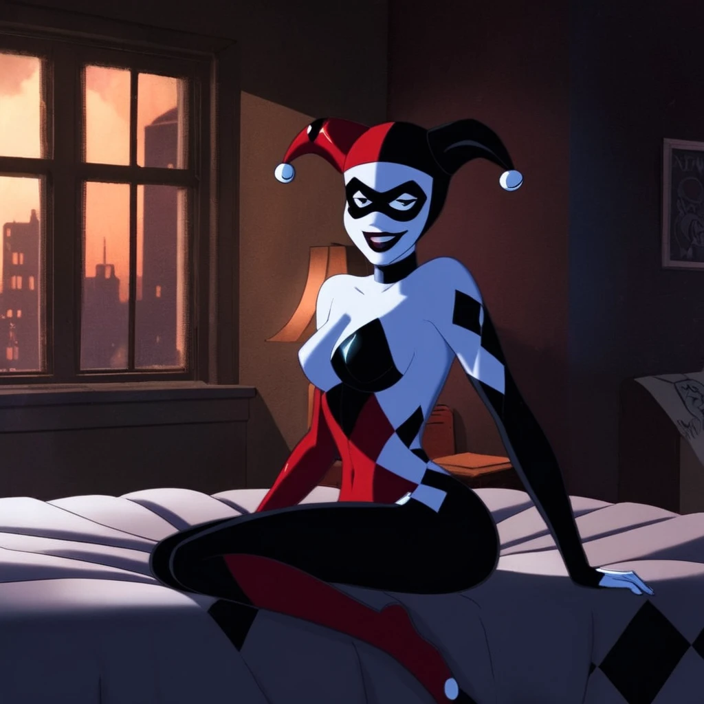 Dark Fantasy Art of <lora:Harley Quinn:1.2>
Harley Quinn a naked breasts cartoon woman is sitting on a bed In Gotham City Universe, dark, moody, dark fantasy style