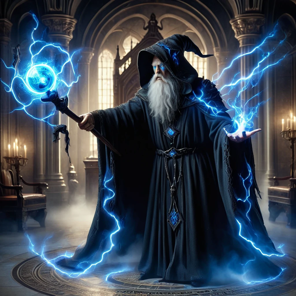 a detailed and realistic image of a old crazy wizard, wielding an blue orbstaff, casting thunder spells, wearing black magical robe, HD, masterpiece, best quality, hyper detailed, ultra detailed, realistic