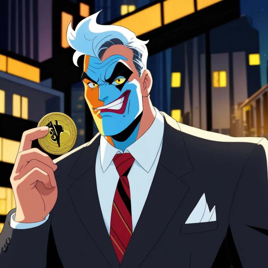 anime artwork of  <lora:Two-Face:1.2>
Two-Face a cartoon character dressed in a suit and tie with a flip coin in Gotham city universe, anime style, key visual, vibrant, studio anime,  highly detailed