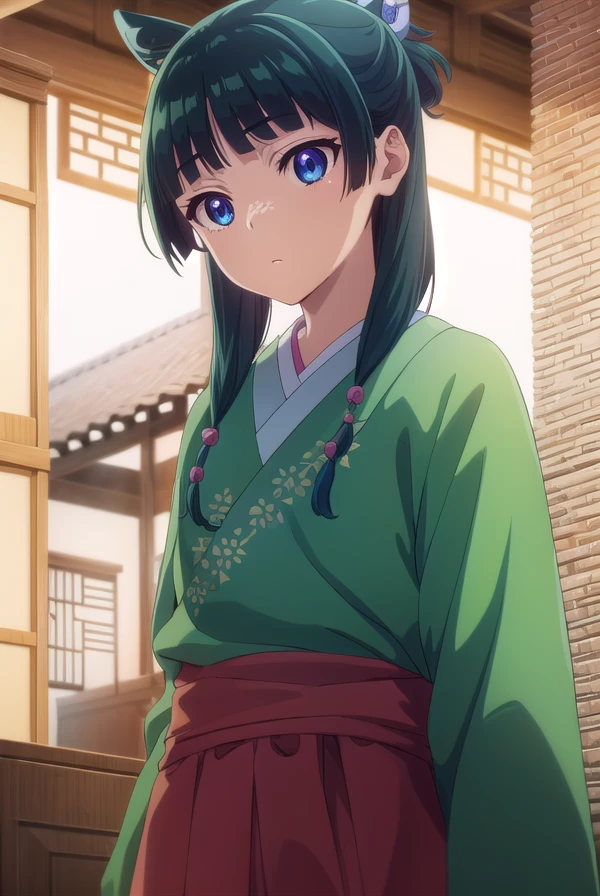 kusuriyamaomao, <lora:kusuriya maomao s1-lora-nochekaiser:1>,
maomao, long hair, bangs, blue eyes, hair ornament, green hair, blunt bangs, freckles, hair bun, single hair bun,
BREAK japanese clothes, robe, green robe, long sleeves, wide sleeves, skirt, red skirt,
BREAK indoors,
BREAK looking at viewer, (cowboy shot:1.5),
BREAK <lyco:GoodHands-beta2:1>, (masterpiece:1.2), best quality, high resolution, unity 8k wallpaper, (illustration:0.8), (beautiful detailed eyes:1.6), extremely detailed face, perfect lighting, extremely detailed CG, (perfect hands, perfect anatomy),