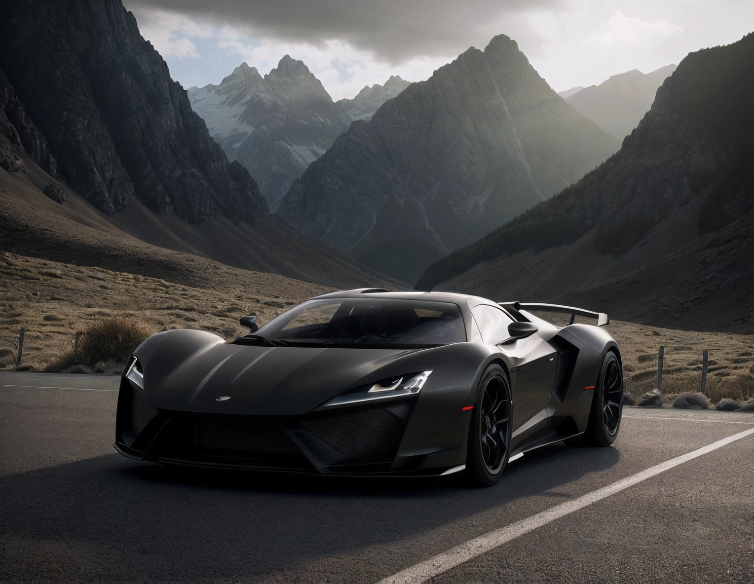 futuristic sport car, prototype, on road, mountains, sharp picture, highres, rutkowski, mucha, (Photorealistic:1.4), dark theme, intricate background, (wide view, beautiful landscape, sharp environment:1.2), art by Alessio Albi, Illustration, (F/16:1.1), 50mm,  (dark shot, dark theme, hard shadows, deep contrast:1.2)