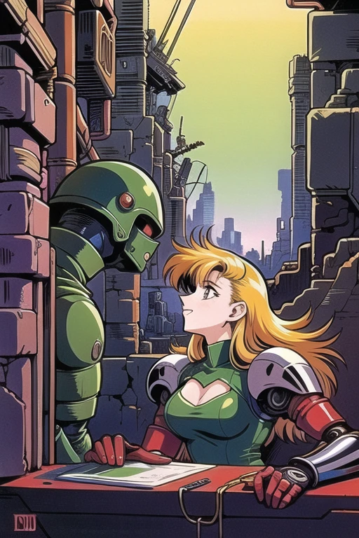 1990s (style) retro artstyle,deedlit, record of lodoss war, 1girl, solo, (((cyberpunk))), cyborg, robot, mechanical arms, upper body