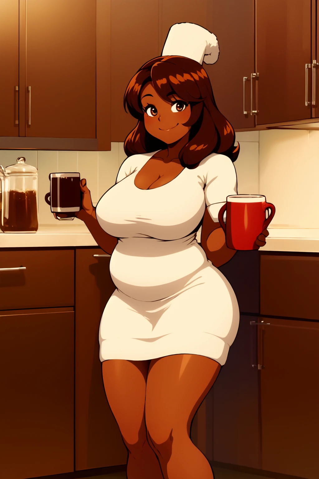 cocoacookie, holding mug of cocoa, smiling, solo, fullbody, detailed background, in a kitchen:1.5, chubby, milf, best quality, masterpiece, high resolution, dark skin, 1girl, absurdres <lora:cocoacookie_v1.2:0.8>