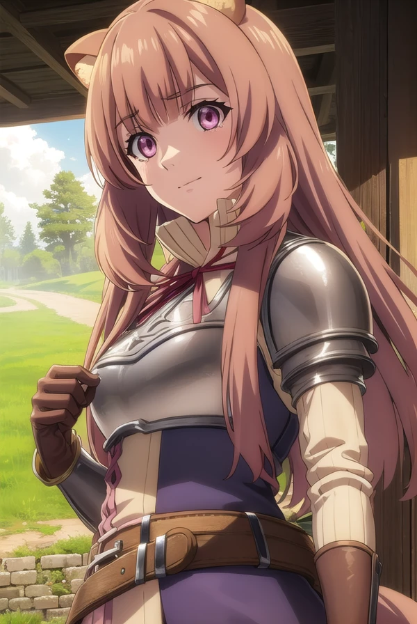raphtalia, <lora:raphtalia s3-lora-nochekaiser:1>,
raphtalia, long hair, bangs, brown hair, animal ears, raccoon ears, raccoon tail, raccoon girl, (pink eyes:1.3), smile
BREAK long sleeves, sweater, ribbed sweater, puffy sleeves, breastplate, ribbon, red ribbon, gauntlets, glove, brown gloves, belt, skirt, armor,
BREAK outdoors, forest, nature, sun, sky, trees, clouds, grass,
BREAK looking at viewer, (cowboy shot:1.5),
BREAK <lyco:GoodHands-beta2:1>, (masterpiece:1.2), best quality, high resolution, unity 8k wallpaper, (illustration:0.8), (beautiful detailed eyes:1.6), extremely detailed face, perfect lighting, extremely detailed CG, (perfect hands, perfect anatomy),