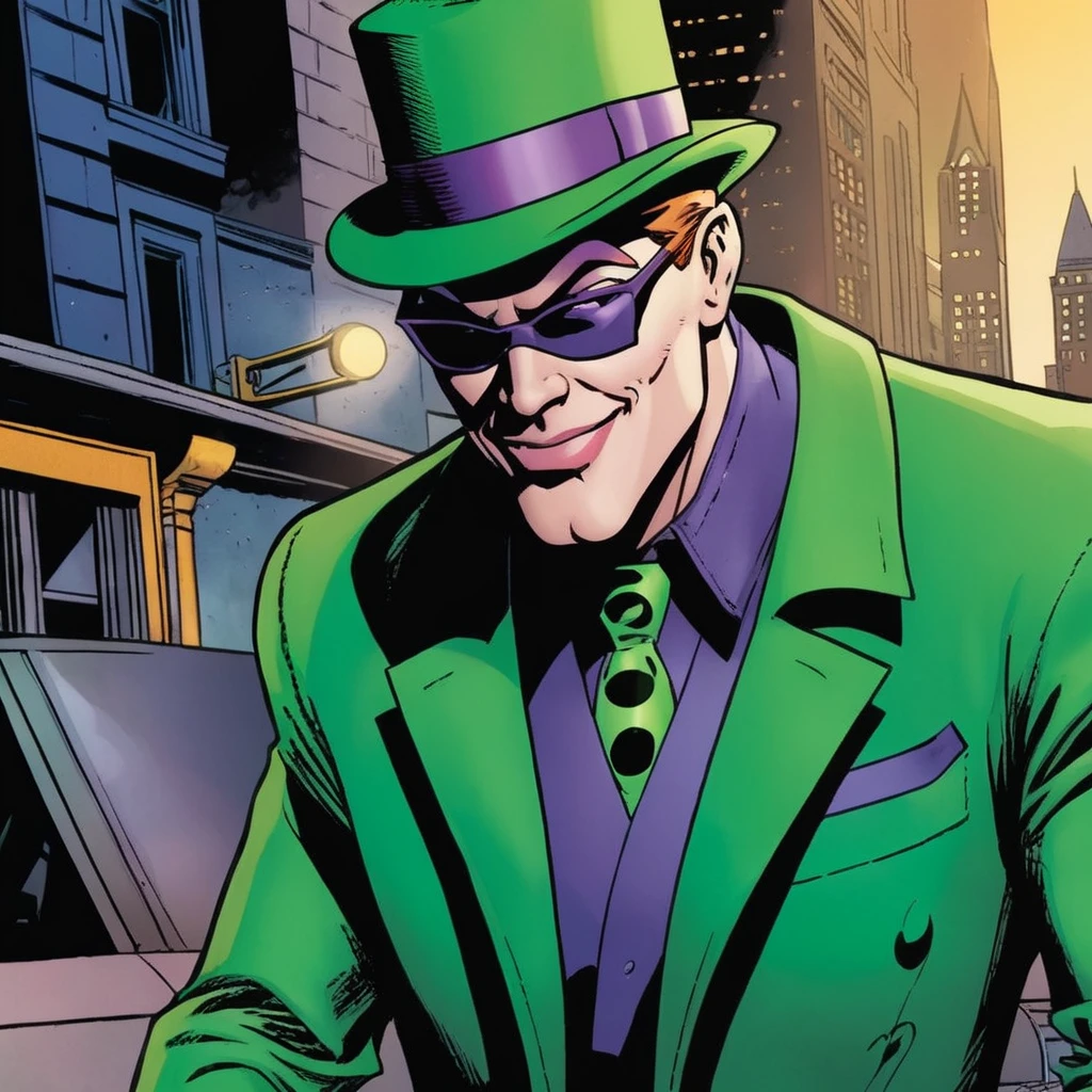 comic book art of <lora:Riddler:1.2>
Riddler a man in a green hat and sunglasses in Gotham city universe, comic art, graphic novel illustration