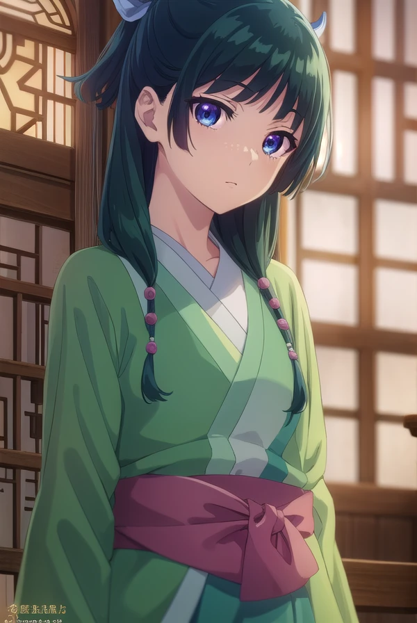 kusuriyamaomao, <lora:kusuriya maomao s1-lora-nochekaiser:1>,
maomao, long hair, bangs, blue eyes, hair ornament, green hair, blunt bangs, freckles, hair bun, single hair bun,
BREAK japanese clothes, robe, green robe, long sleeves, wide sleeves, skirt, red skirt,
BREAK indoors,
BREAK looking at viewer, (cowboy shot:1.5),
BREAK <lyco:GoodHands-beta2:1>, (masterpiece:1.2), best quality, high resolution, unity 8k wallpaper, (illustration:0.8), (beautiful detailed eyes:1.6), extremely detailed face, perfect lighting, extremely detailed CG, (perfect hands, perfect anatomy),