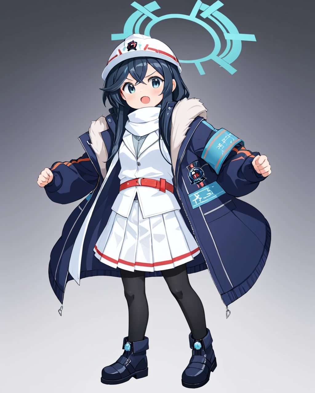 minori \(blue archive\),1girl, solo, fur-trimmed_boots, grey_background, belt, black_pantyhose, simple_background, full_body, pleated_skirt, halo, white_headwear, clenched_hand, white_skirt, open_mouth, long_sleeves, holding, zipper, looking_at_viewer, hat, white_scarf, hardhat, black_footwear, :o, v-shaped_eyebrows, open_jacket, armband
<lora:minori_(blue_archive)_image81_2023-12-01:1>halo. gorgeous,key visual, vibrant, studio anime,award-winning, professional, highly detailed,high budget, cinemascope