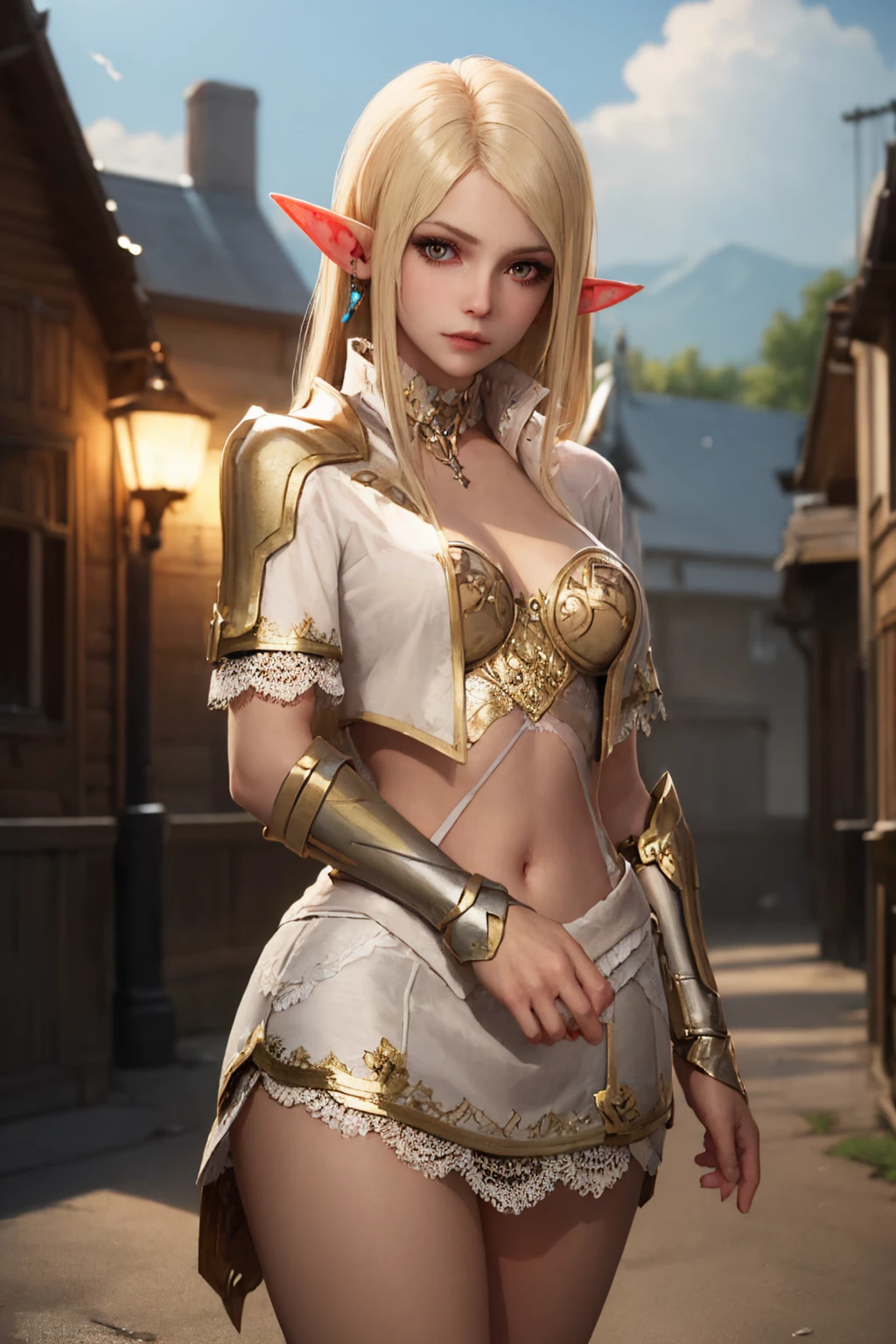 (masterpiece, best quality:1.2), solo, 1girl, l2rvelf, expressionless, looking at viewer, pointy ears, armor, skirt, midriff, cleavage <lora:lineage2rev_elf-16:1>