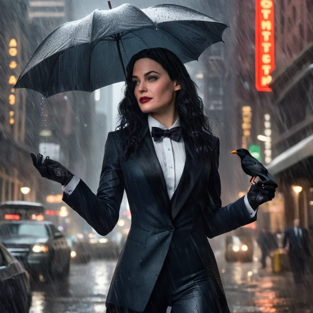 Hyperrealistic art of <lora:Zatanna:1.2>
Zatanna a woman in a tuxedo holding a bird in rain In Gotham City Universe, Extremely high-resolution details, photographic, realism pushed to extreme, fine texture, incredibly lifelike