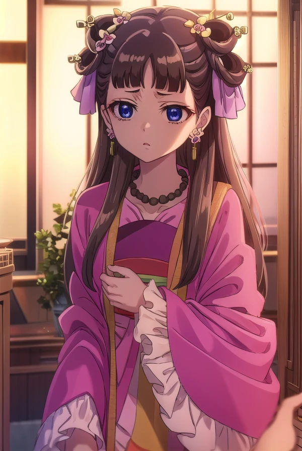lishu, <lora:lishu s1-lora-nochekaiser:1>,
lishu, long hair, brown hair, hair ornament, (purple eyes:1.1), tiara,
BREAK jewelry, earrings, necklace, chinese clothes, hanfu,
BREAK indoors,
BREAK looking at viewer, (cowboy shot:1.5),
BREAK <lyco:GoodHands-beta2:1>, (masterpiece:1.2), best quality, high resolution, unity 8k wallpaper, (illustration:0.8), (beautiful detailed eyes:1.6), extremely detailed face, perfect lighting, extremely detailed CG, (perfect hands, perfect anatomy),