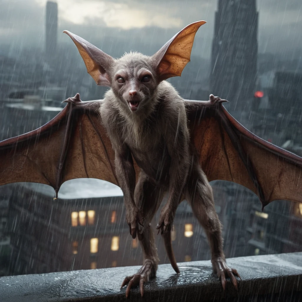 Hyperrealistic art of <lora:Man-Bat:1>
Man-Bat a naked giant bat creature on a ledge in rain in Gotham city universe, Extremely high-resolution details, photographic, realism pushed to extreme, fine texture, incredibly lifelike