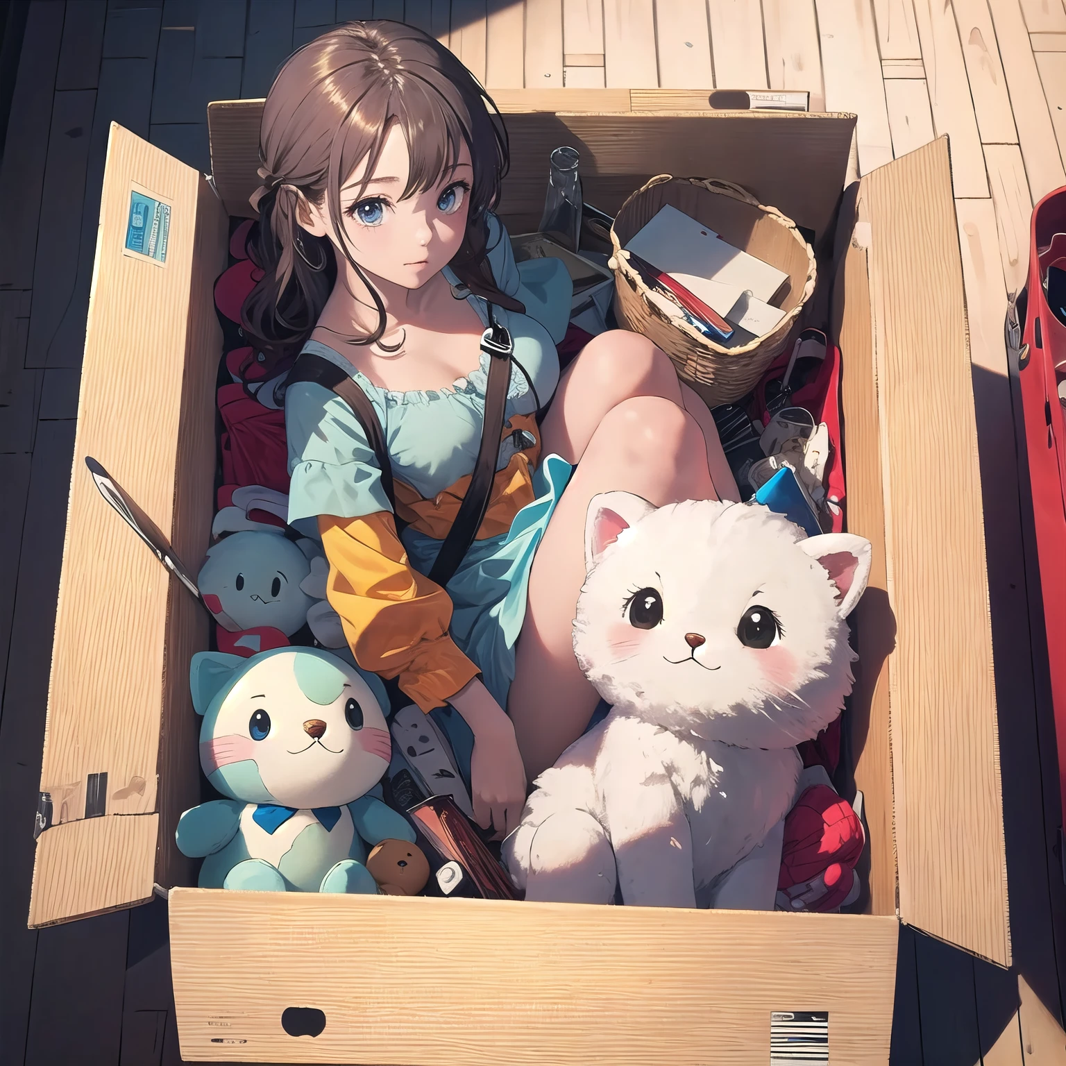 masterpiece, hires,high resolution, best quality, <lora:insidebox:1> , insidebox, boxrelaxed, in box, in container, box filled with plushies