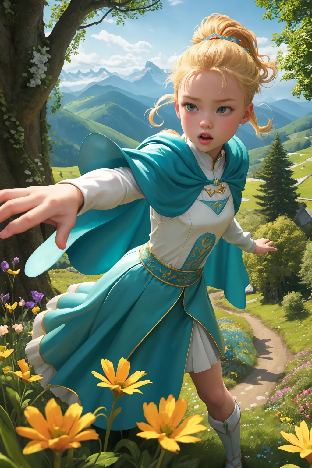 zrpgstyle, AS-YoungerV2 DollieNobodySD15 medieval child princess teal dress, elaborate, ornate, adventurer cape, (blonde hair, top pony tail:1.1), standing in a tall field of flowers, tree canopy overhead (alpine mountains:1.1), clear sky, (masterpiece:1.3) (best quality) (detailed) (8k) (HDR) (cinematic lighting) (sharp focus) (intricate) (intense action scene, dutch angle, foreshortening, motion blur, blurred foreground:1.3)