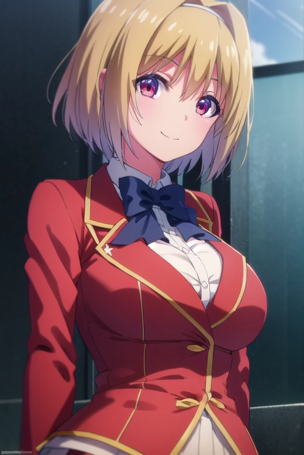kikyoukushida, <lora:kikyou kushida s2-lora-nochekaiser:1>,
kikyou kushida, short hair, blonde hair, (red eyes:1.3), hairband, hair intakes, smile,
BREAK shirt, long sleeves, bow, school uniform, jacket, white shirt, bowtie, blue bow, blazer, (red blazer:1.5),
BREAK indoors, classroom,
BREAK looking at viewer, (cowboy shot:1.5),
BREAK <lyco:GoodHands-beta2:1>, (masterpiece:1.2), best quality, high resolution, unity 8k wallpaper, (illustration:0.8), (beautiful detailed eyes:1.6), extremely detailed face, perfect lighting, extremely detailed CG, (perfect hands, perfect anatomy),